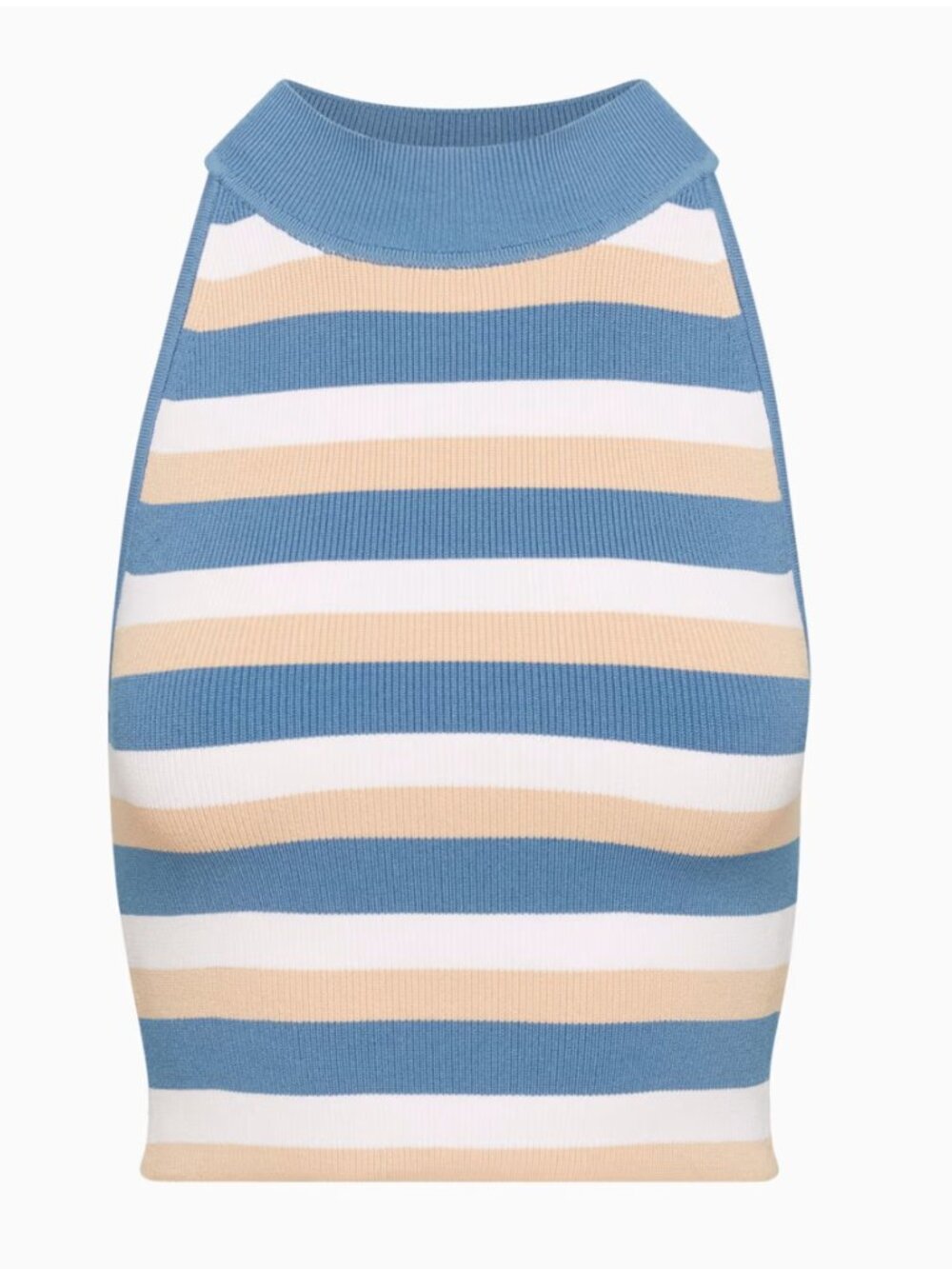 BABTON Striped Ribbed Halter Crop Top in Blue, White & Tan - Size Large